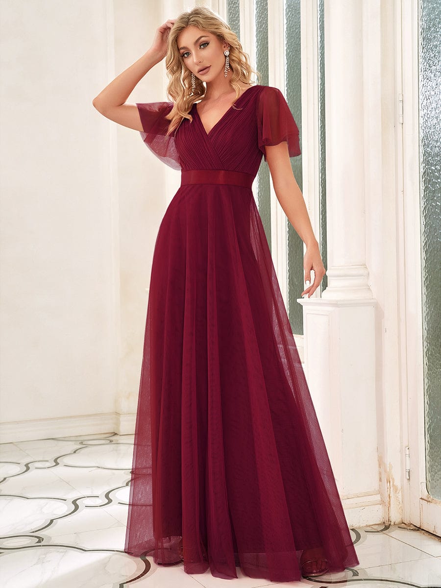 Double V-Neck Tulle Floor-Length Bridesmaid Dress #color_Burgundy