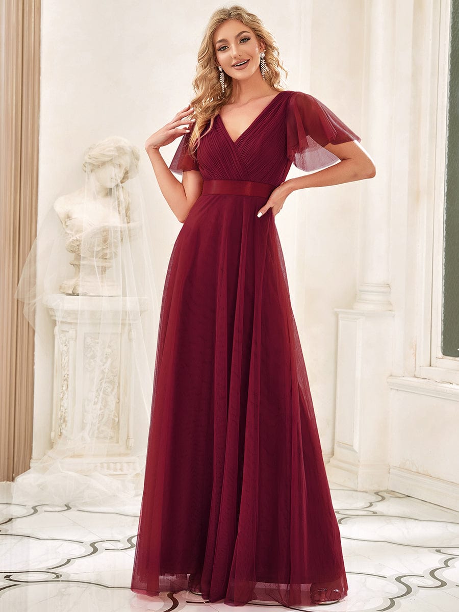 Double V-Neck Tulle Floor-Length Bridesmaid Dress #color_Burgundy