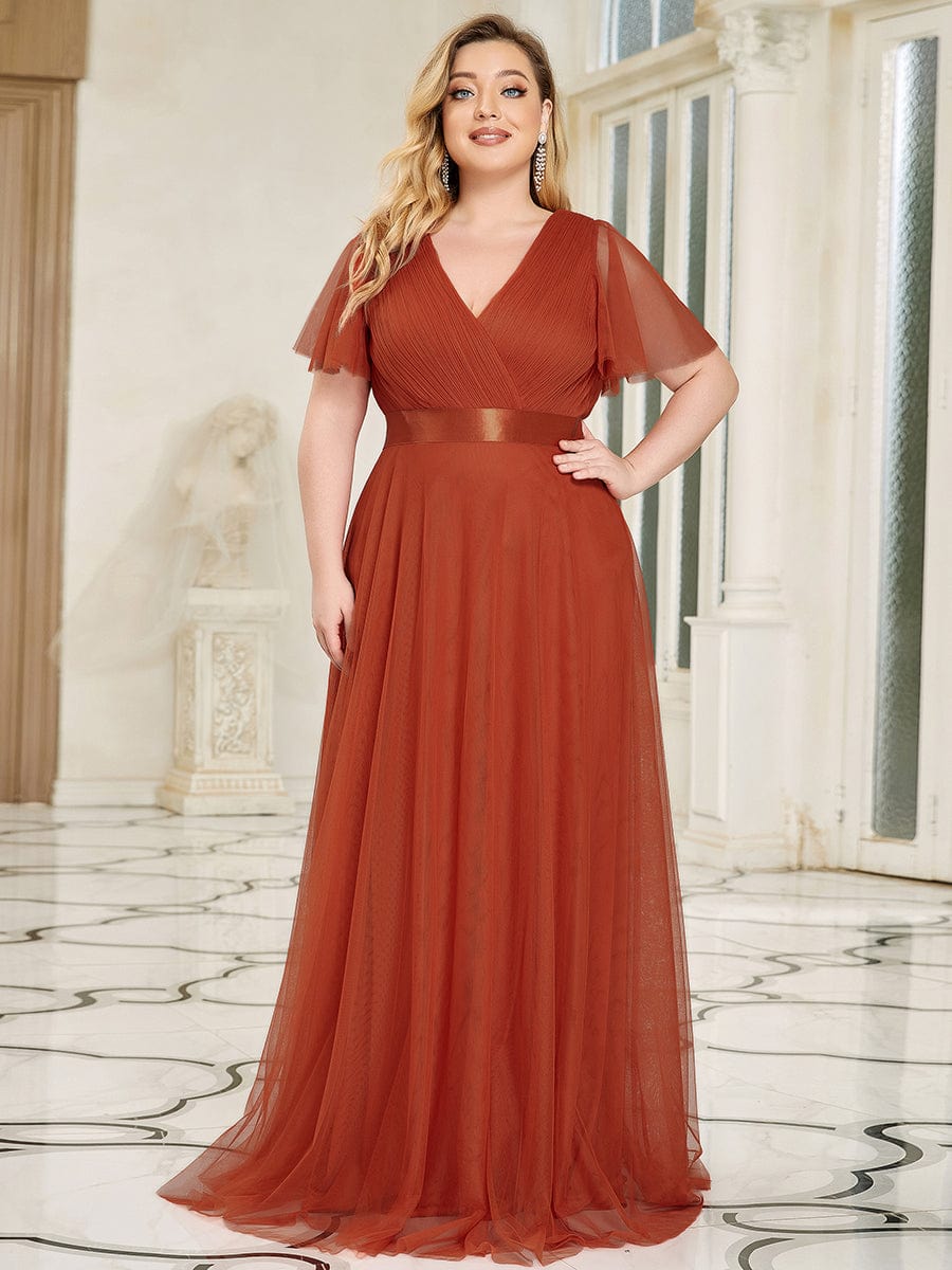 Double V-Neck Tulle Floor-Length Bridesmaid Dress #color_Burnt Orange