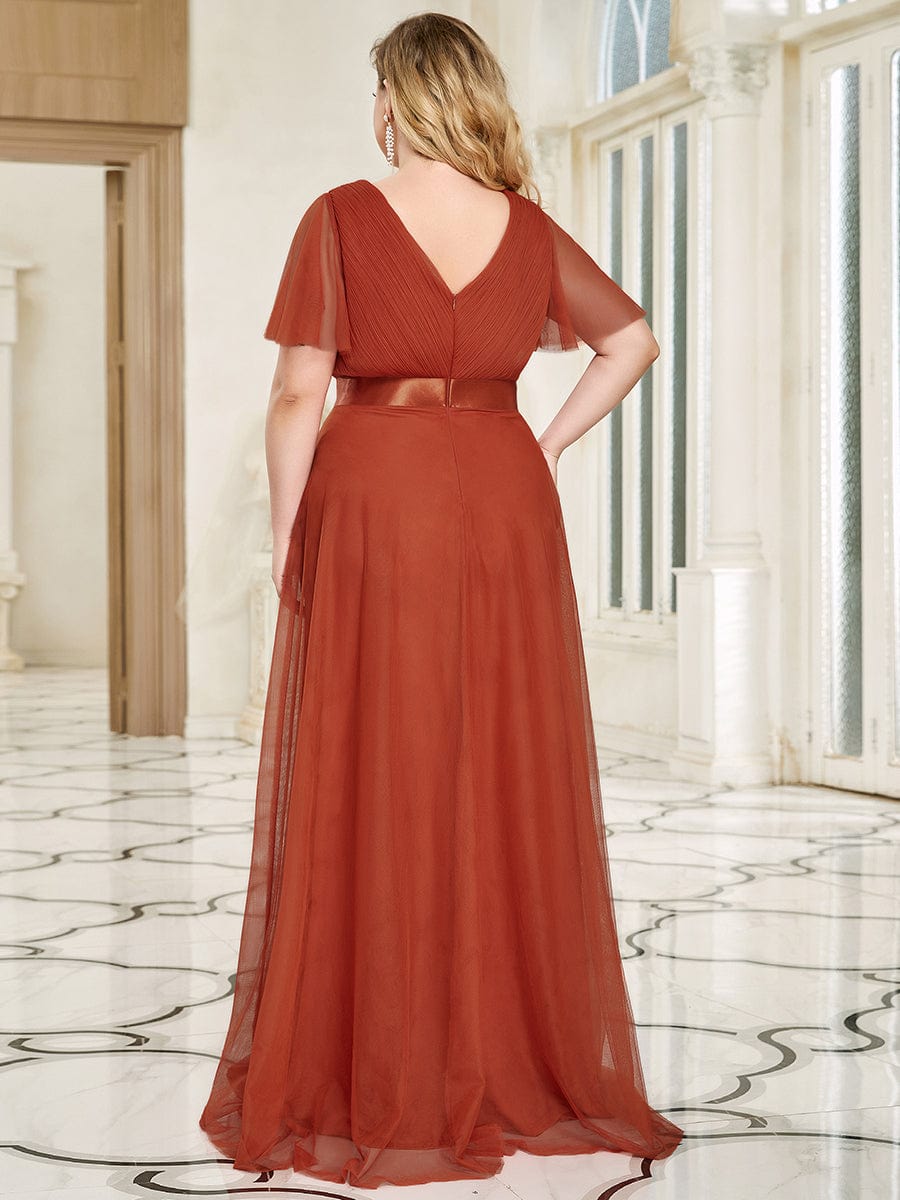 Double V-Neck Tulle Floor-Length Bridesmaid Dress #color_Burnt Orange