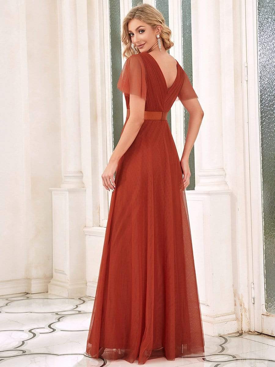 Double V-Neck Tulle Floor-Length Bridesmaid Dress #color_Burnt Orange