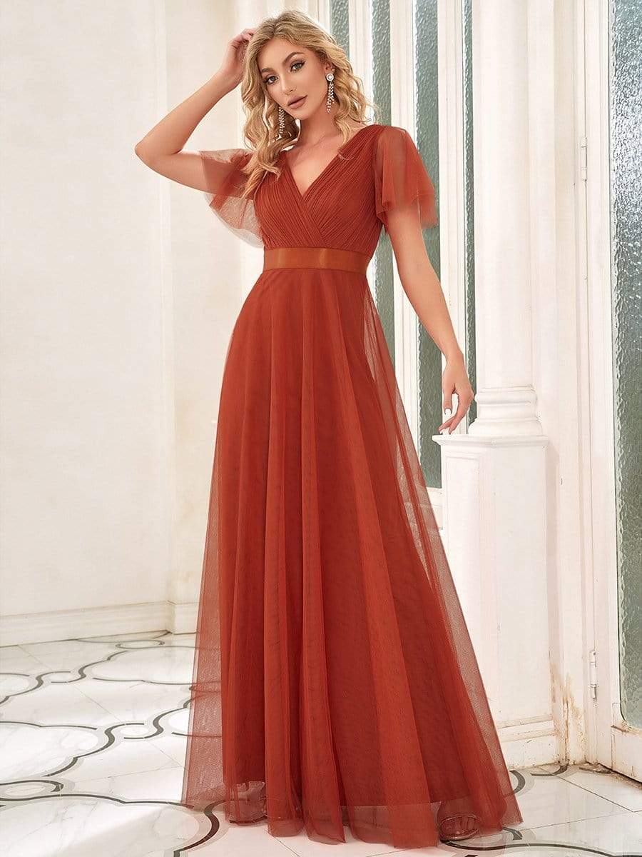 Double V-Neck Tulle Floor-Length Bridesmaid Dress #color_Burnt Orange