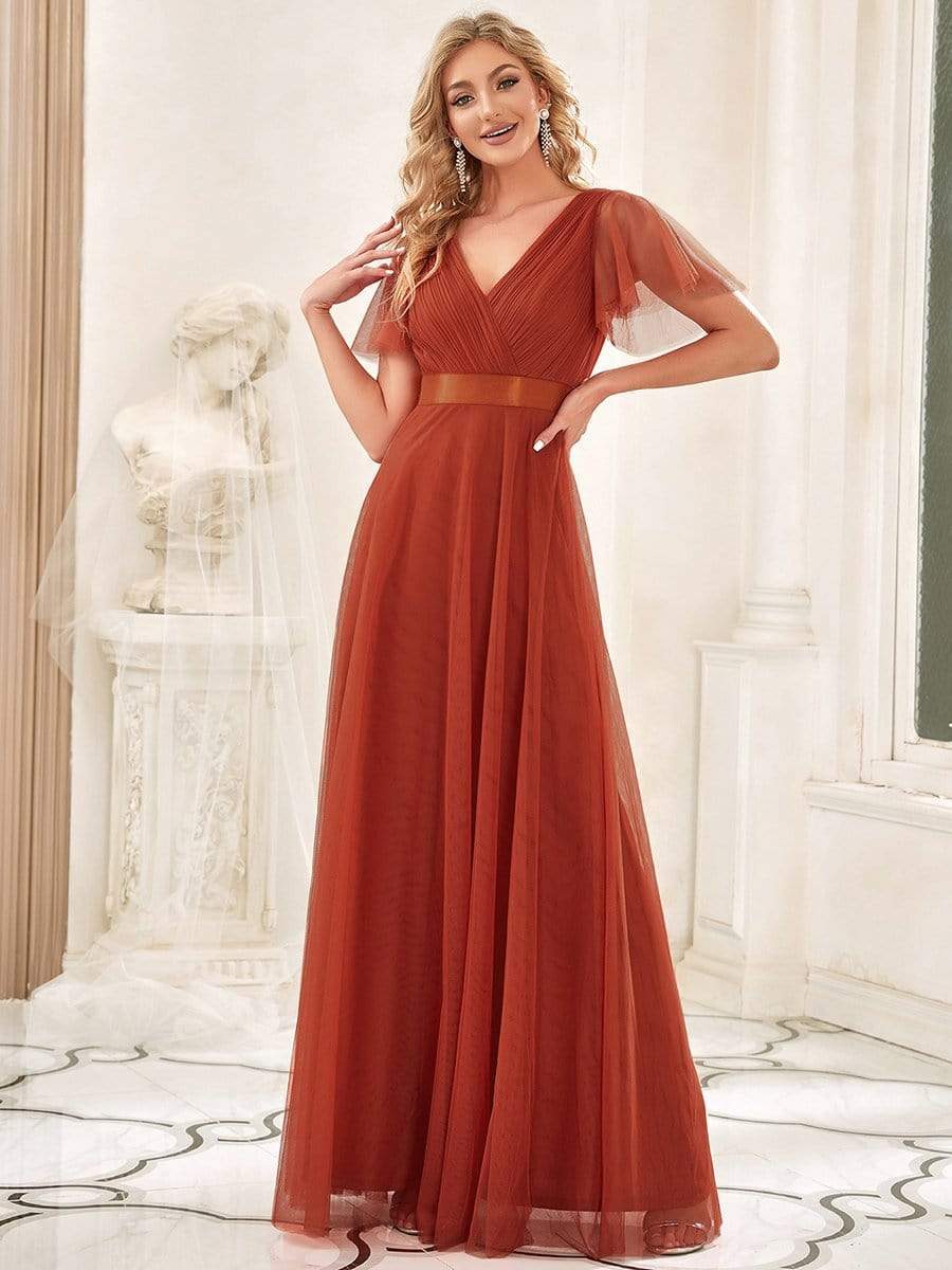 Double V-Neck Tulle Floor-Length Bridesmaid Dress #color_Burnt Orange