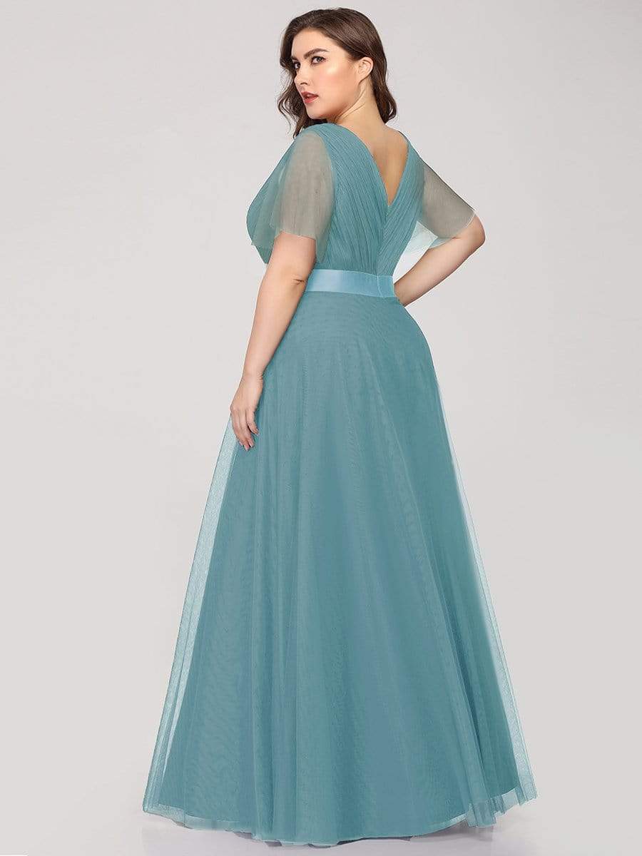 Double V-Neck Tulle Floor-Length Bridesmaid Dress #color_Dusty Blue