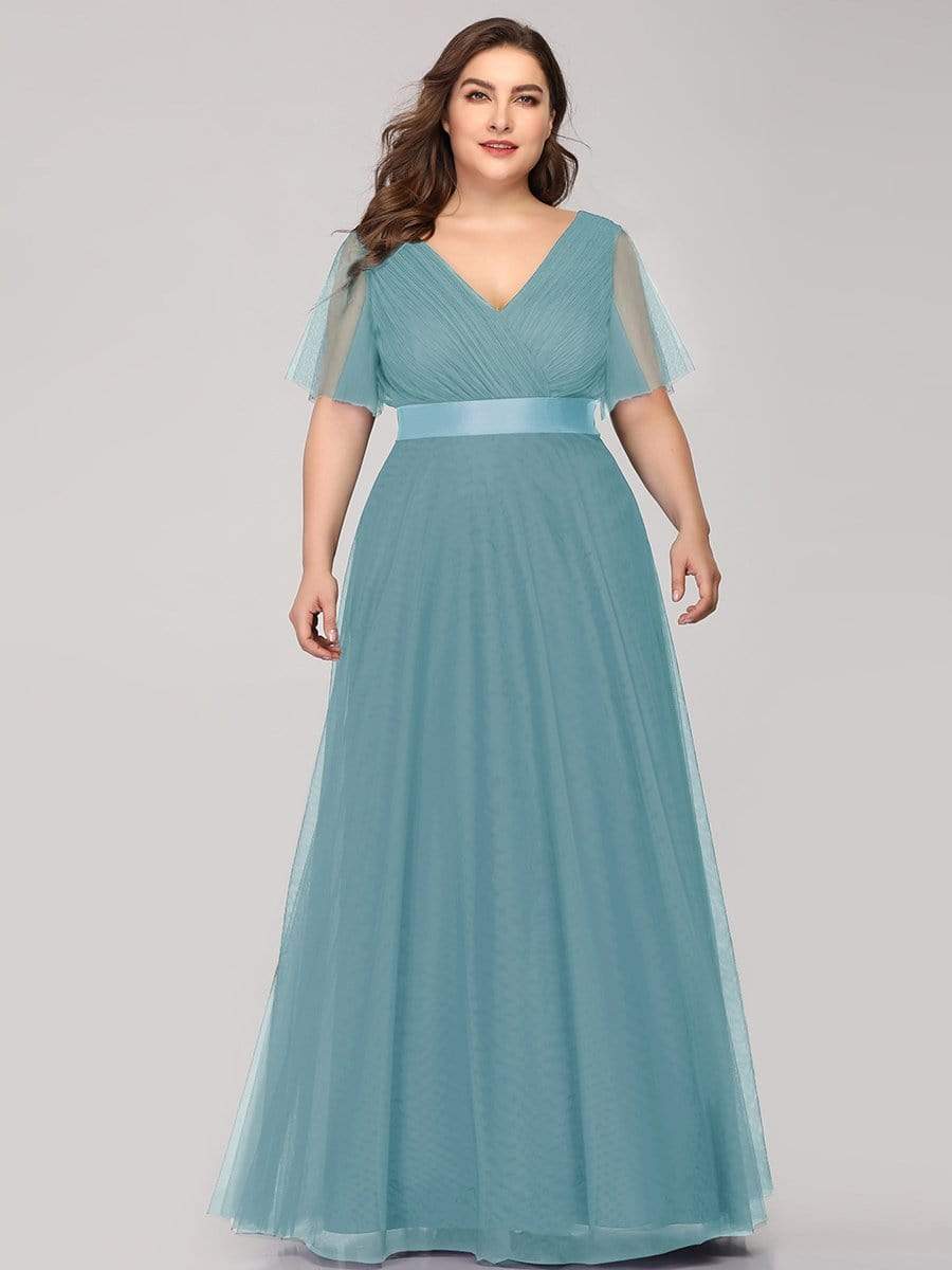 Double V-Neck Tulle Floor-Length Bridesmaid Dress #color_Dusty Blue