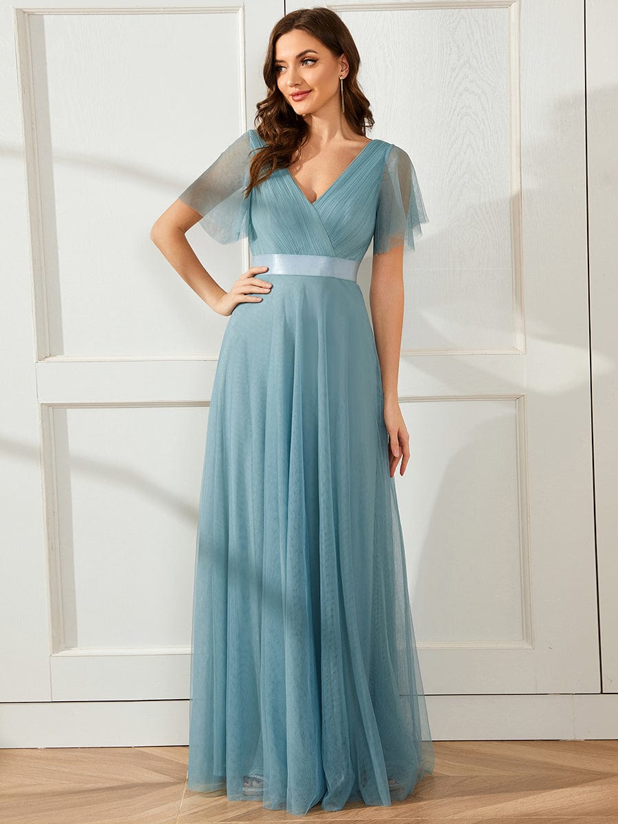 Double V-Neck Tulle Floor-Length Bridesmaid Dress #color_Dusty Blue