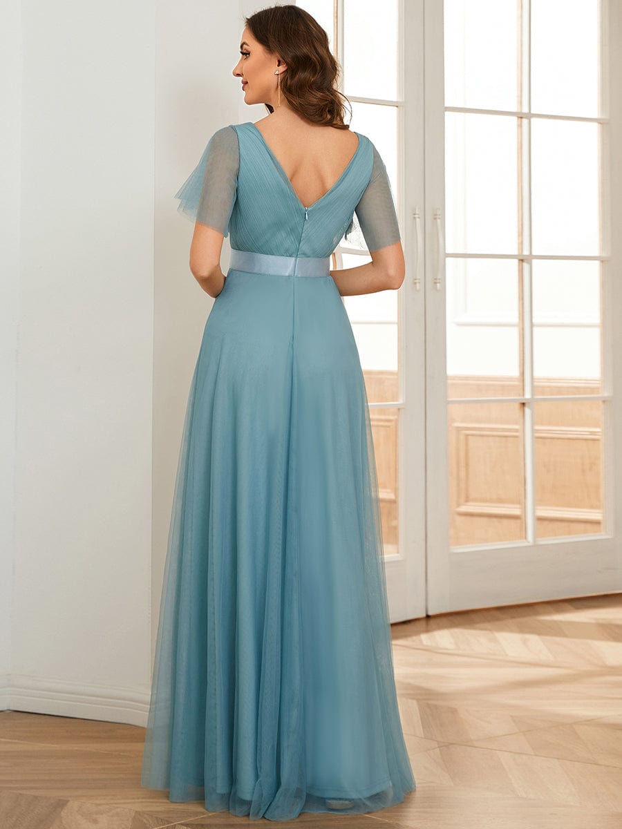 Double V-Neck Tulle Floor-Length Bridesmaid Dress #color_Dusty Blue