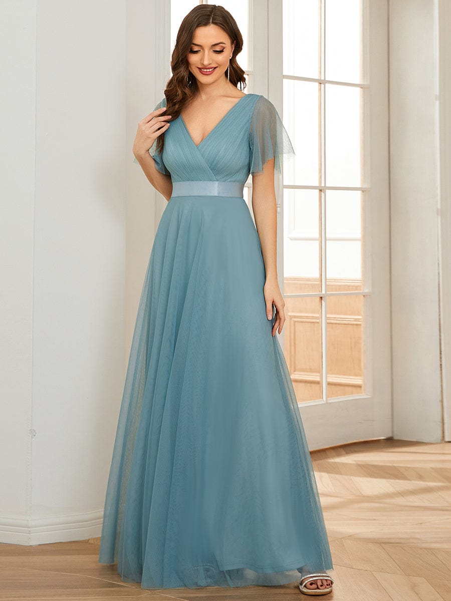 Double V-Neck Tulle Floor-Length Bridesmaid Dress #color_Light Teal