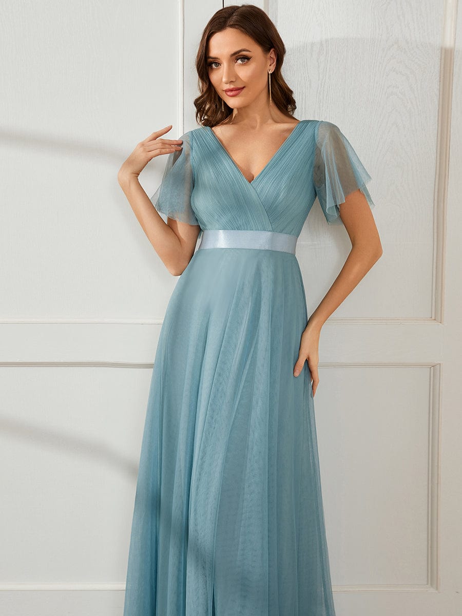 Double V-Neck Tulle Floor-Length Bridesmaid Dress #color_Dusty Blue