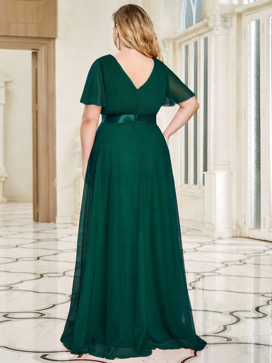 Double V-Neck Tulle Floor-Length Bridesmaid Dress #color_Dark Green