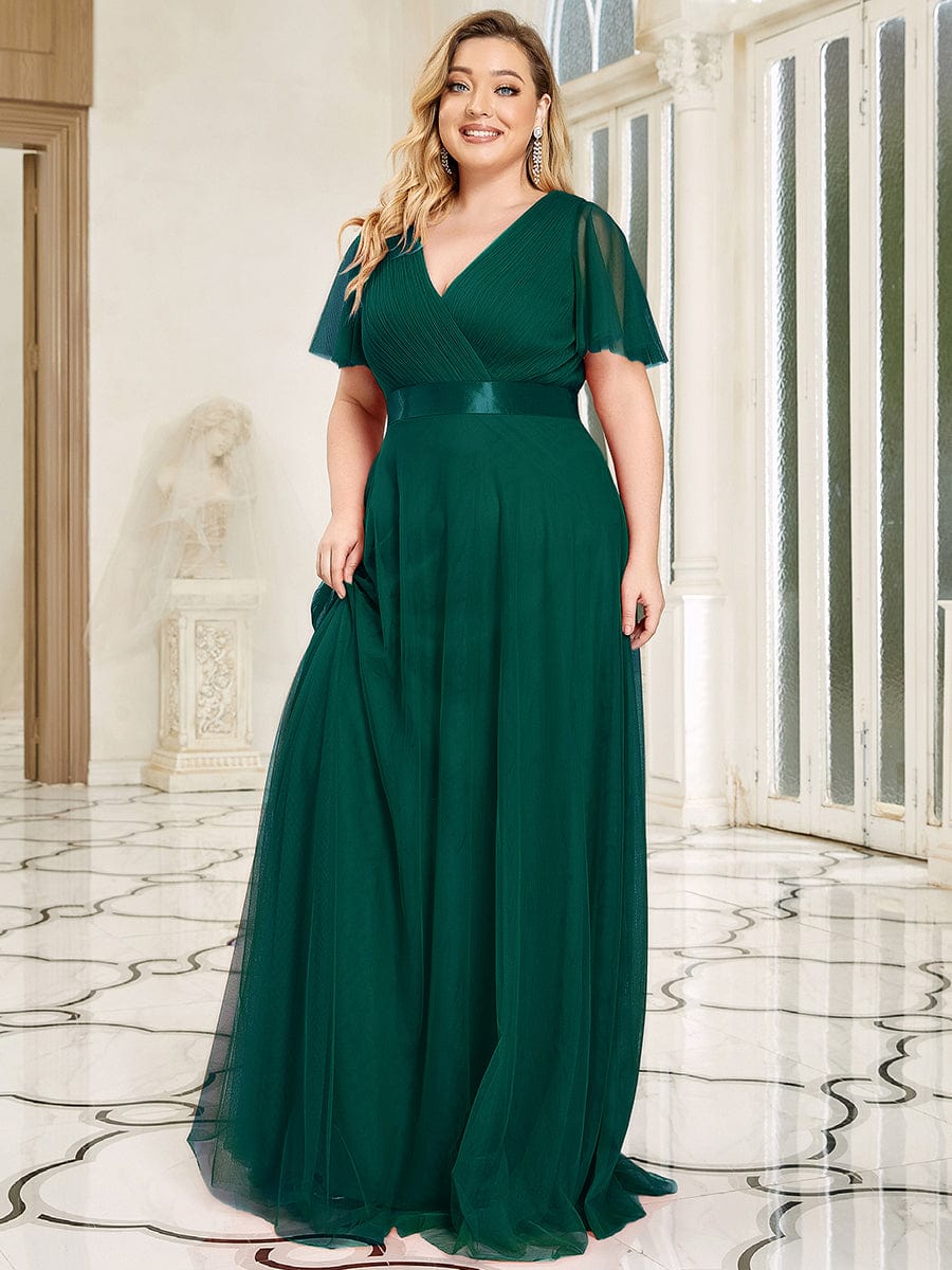 Double V-Neck Tulle Floor-Length Bridesmaid Dress #color_Dark Green