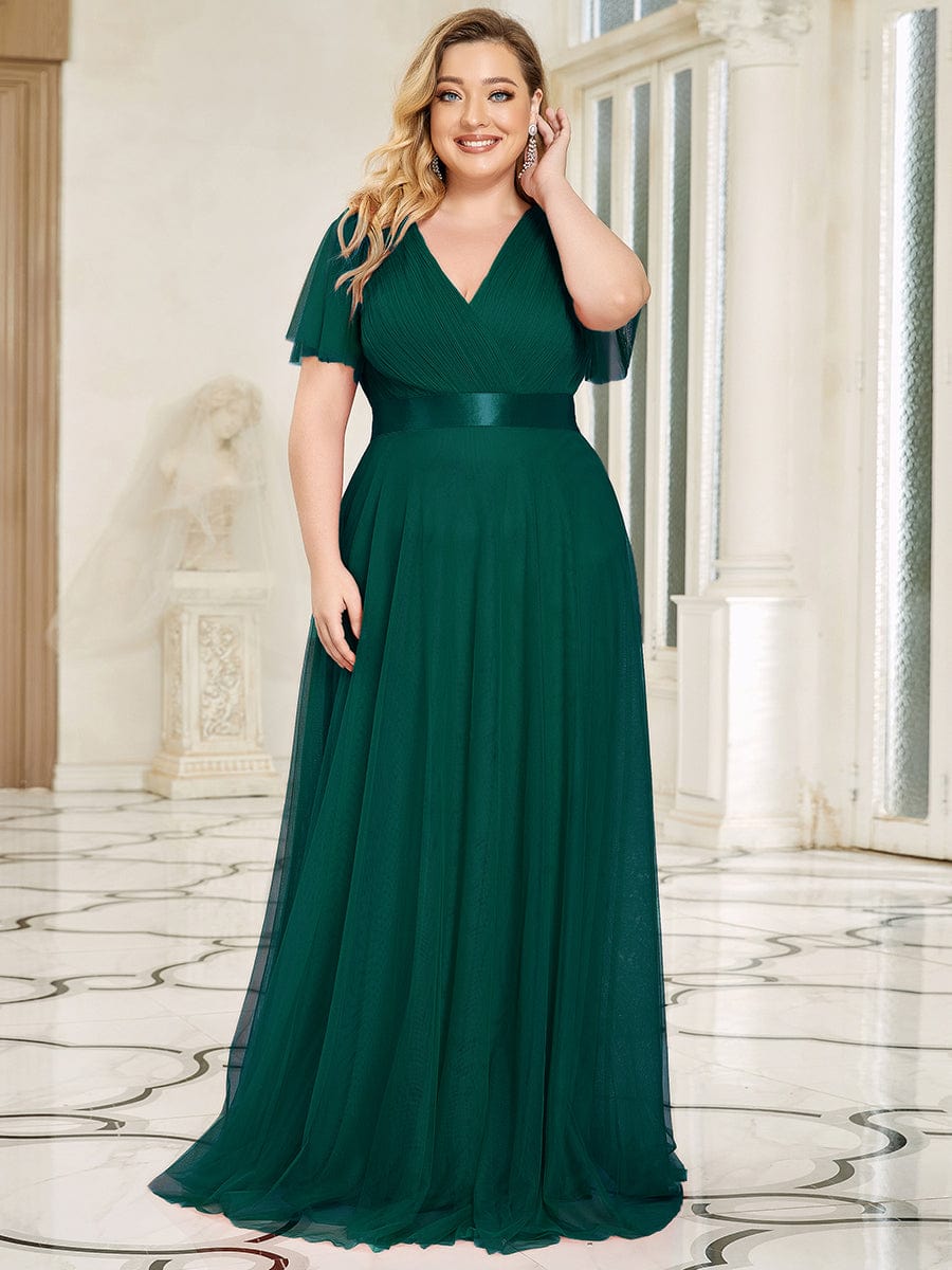 Double V-Neck Tulle Floor-Length Bridesmaid Dress #color_Dark Green