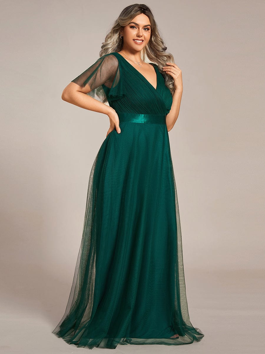 Women's Floor-Length Plus Size Bridesmaid Dress with Short Sleeve #color_Dark Green