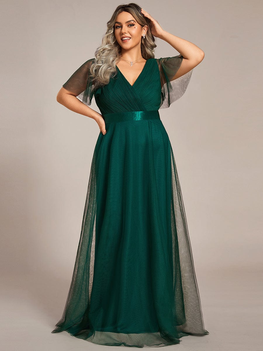 Women's Floor-Length Plus Size Bridesmaid Dress with Short Sleeve #color_Dark Green