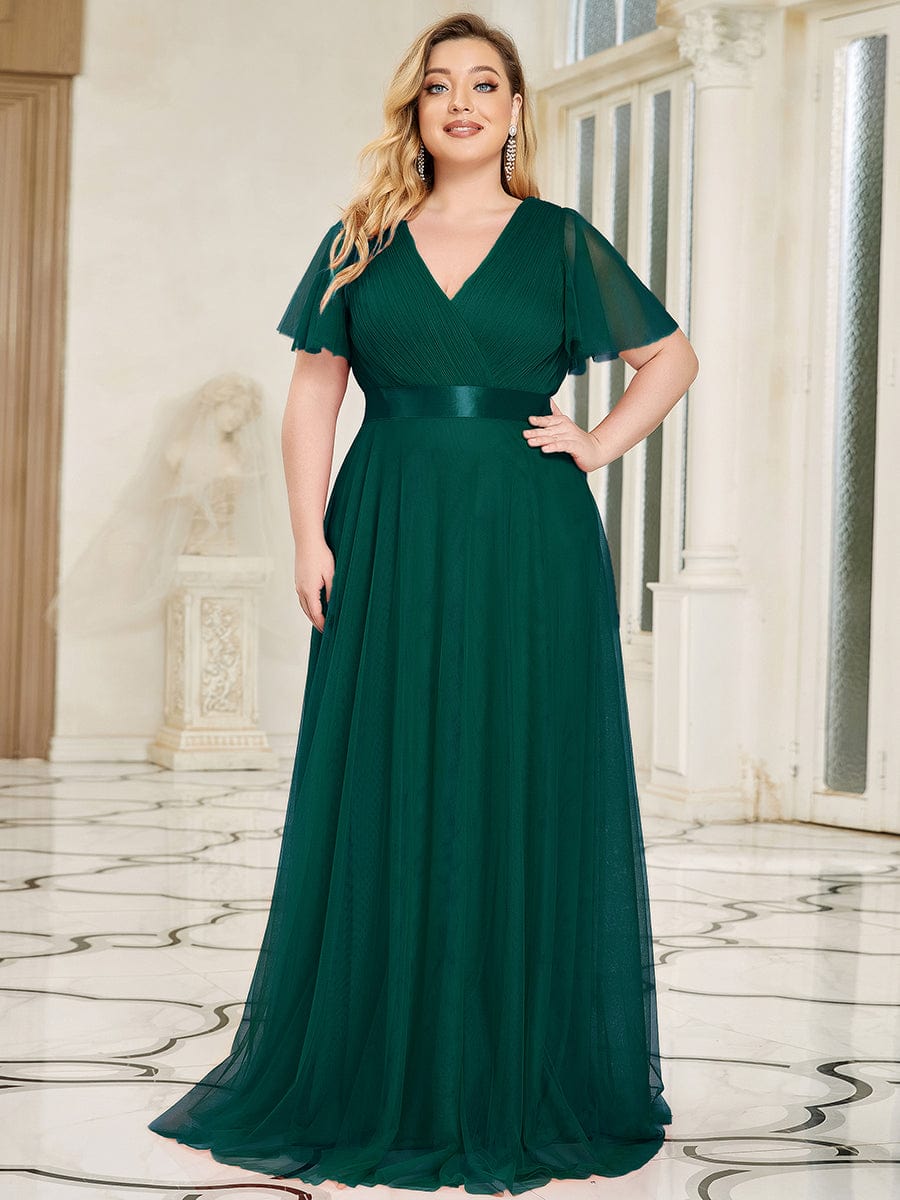 Double V-Neck Tulle Floor-Length Bridesmaid Dress #color_Dark Green