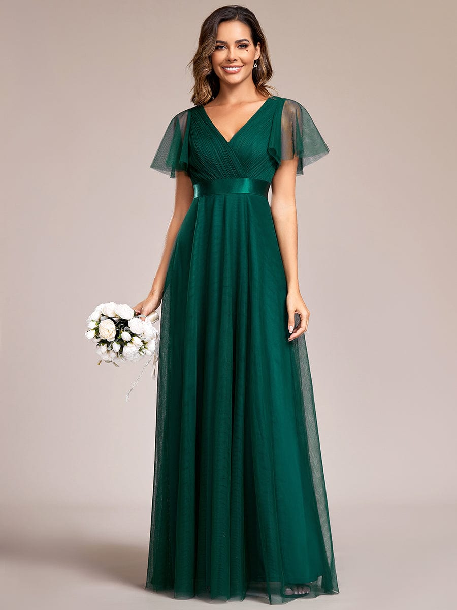 Double V-Neck Tulle Floor-Length Bridesmaid Dress #color_Dark Green