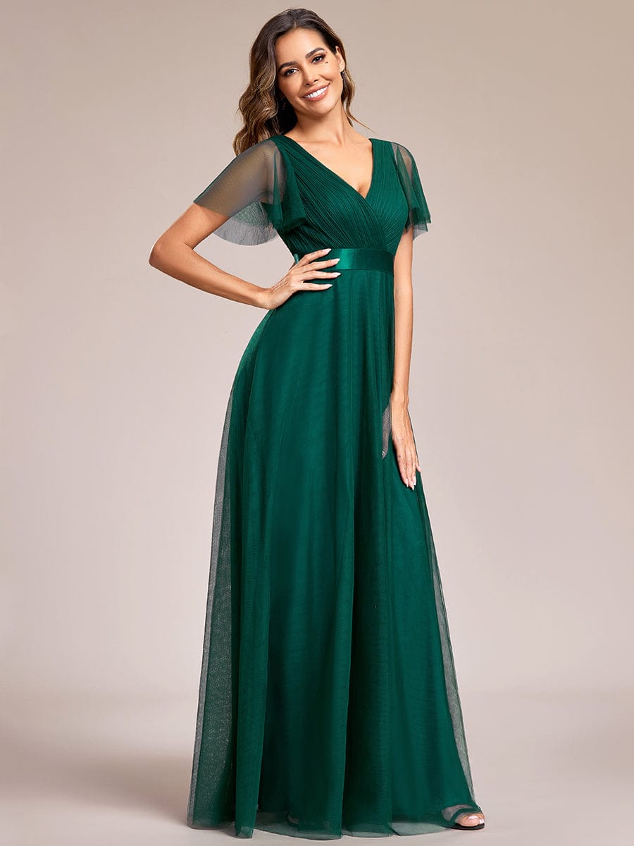 Double V-Neck Tulle Floor-Length Bridesmaid Dress #color_Dark Green