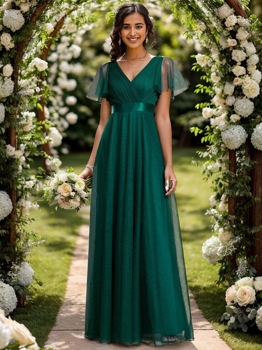 Double V-Neck Tulle Floor-Length Bridesmaid Dress #color_Dark Green