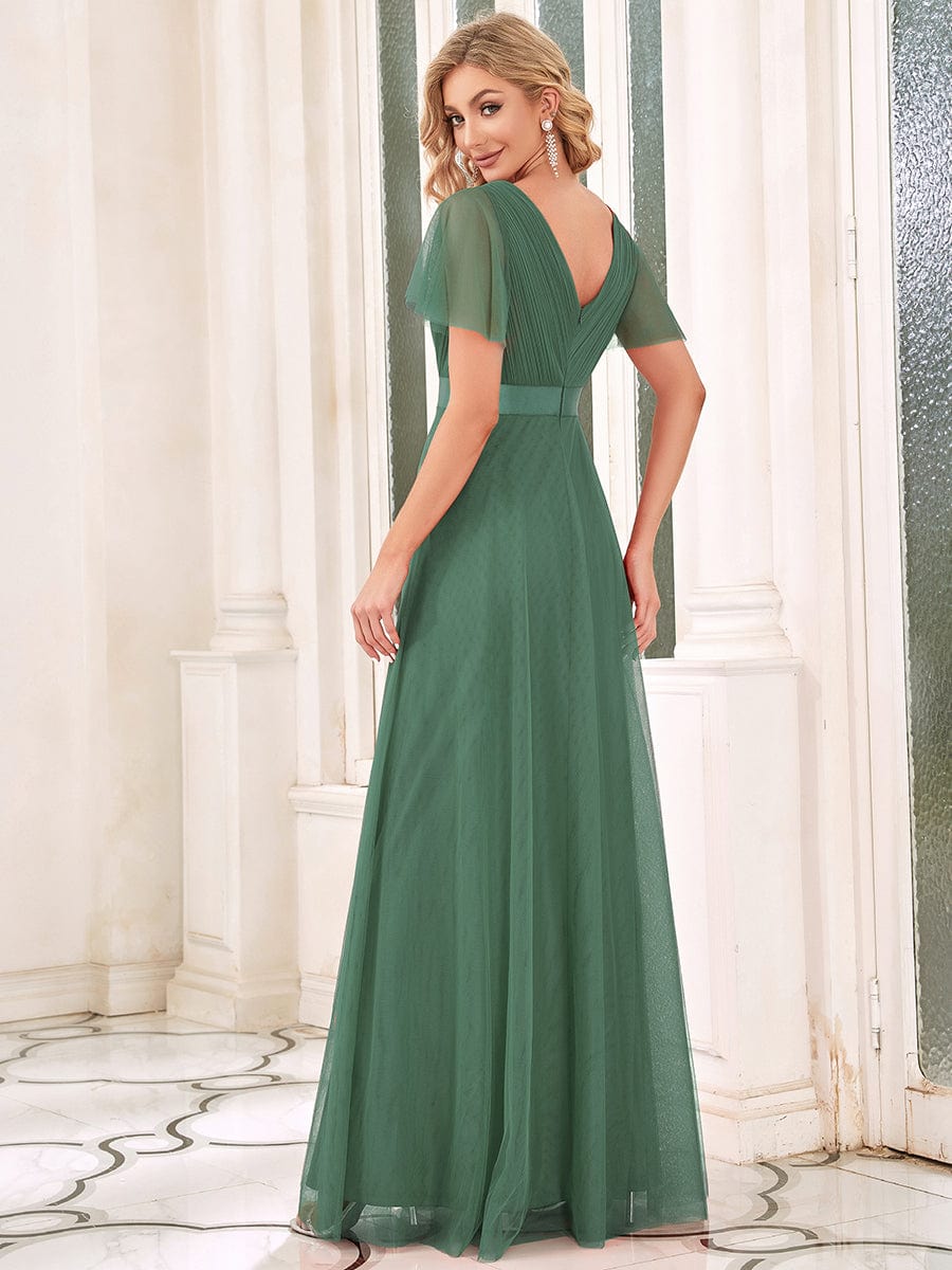 Double V-Neck Tulle Floor-Length Bridesmaid Dress #color_Green Bean