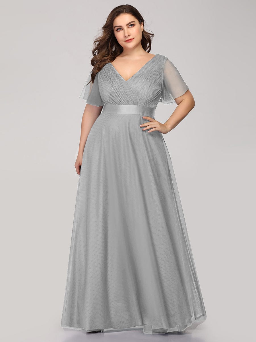 Double V-Neck Tulle Floor-Length Bridesmaid Dress #color_Grey