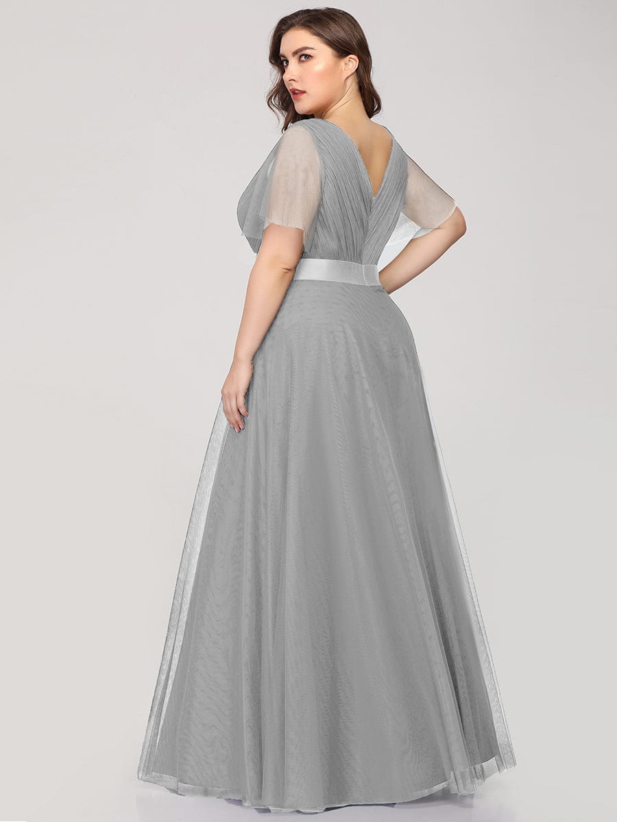 Double V-Neck Tulle Floor-Length Bridesmaid Dress #color_Grey