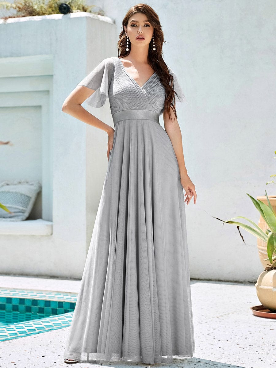 Custom Size Double V-Neck Floor-Length Bridesmaid Dress with Short Sleeve #color_Grey