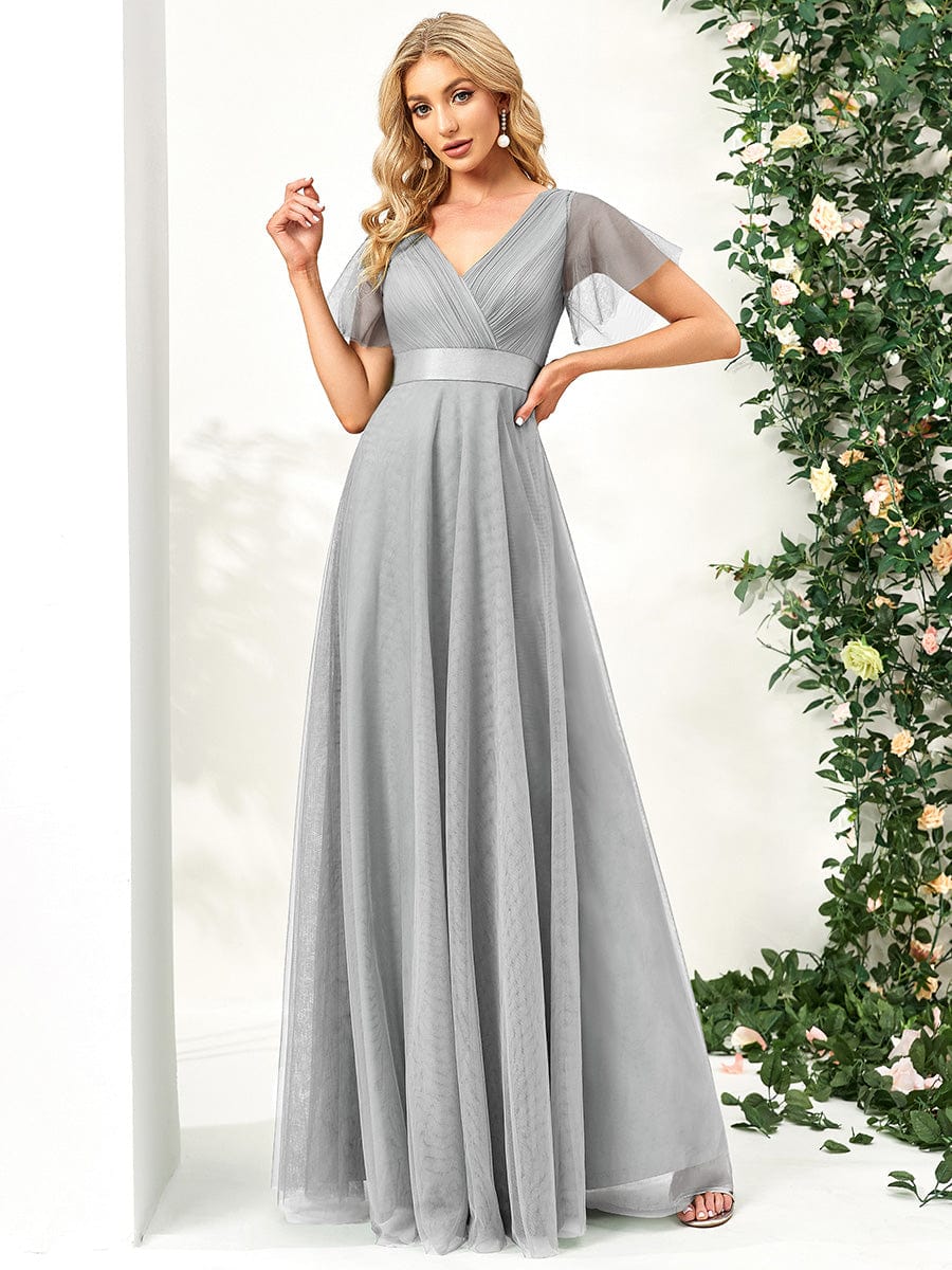 Custom Size Double V-Neck Floor-Length Bridesmaid Dress with Short Sleeve #color_Grey