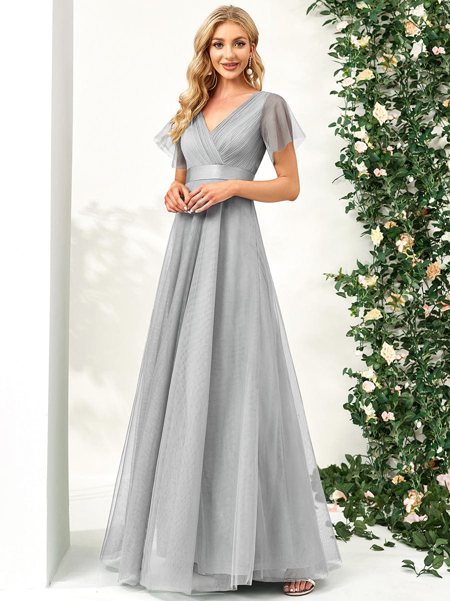 Custom Size Double V-Neck Floor-Length Bridesmaid Dress with Short Sleeve #color_Grey