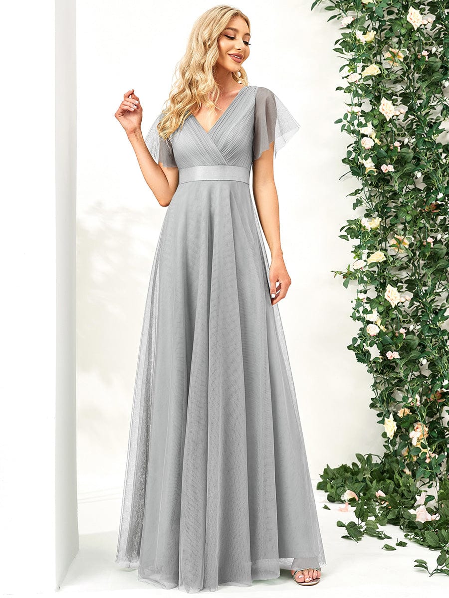 Custom Size Double V-Neck Floor-Length Bridesmaid Dress with Short Sleeve #color_Grey