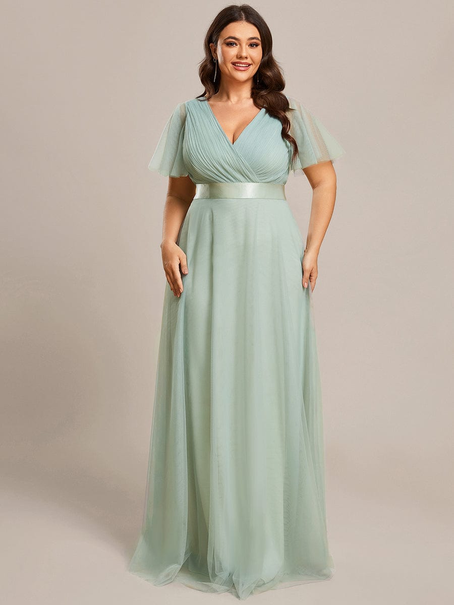 Double V-Neck Tulle Floor-Length Bridesmaid Dress #color_Mint Green