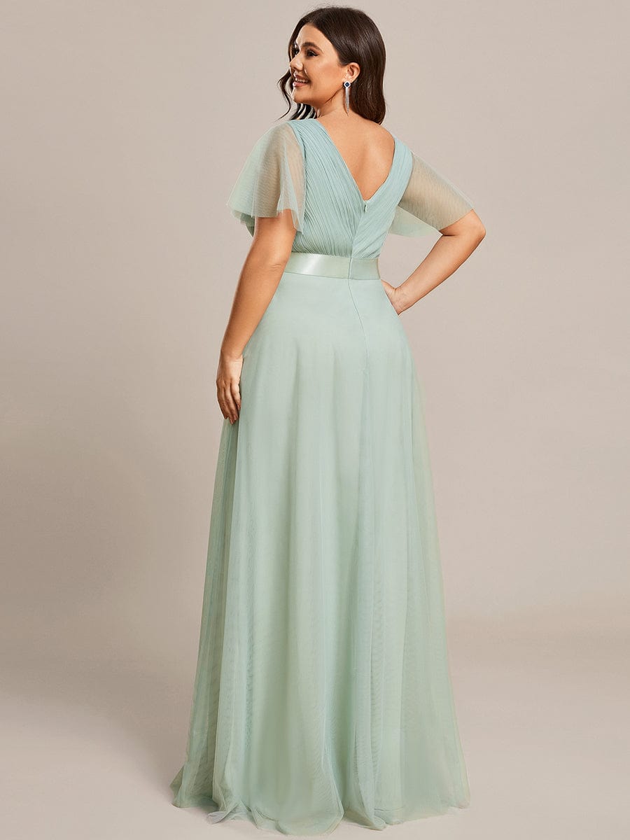 Double V-Neck Tulle Floor-Length Bridesmaid Dress #color_Mint Green