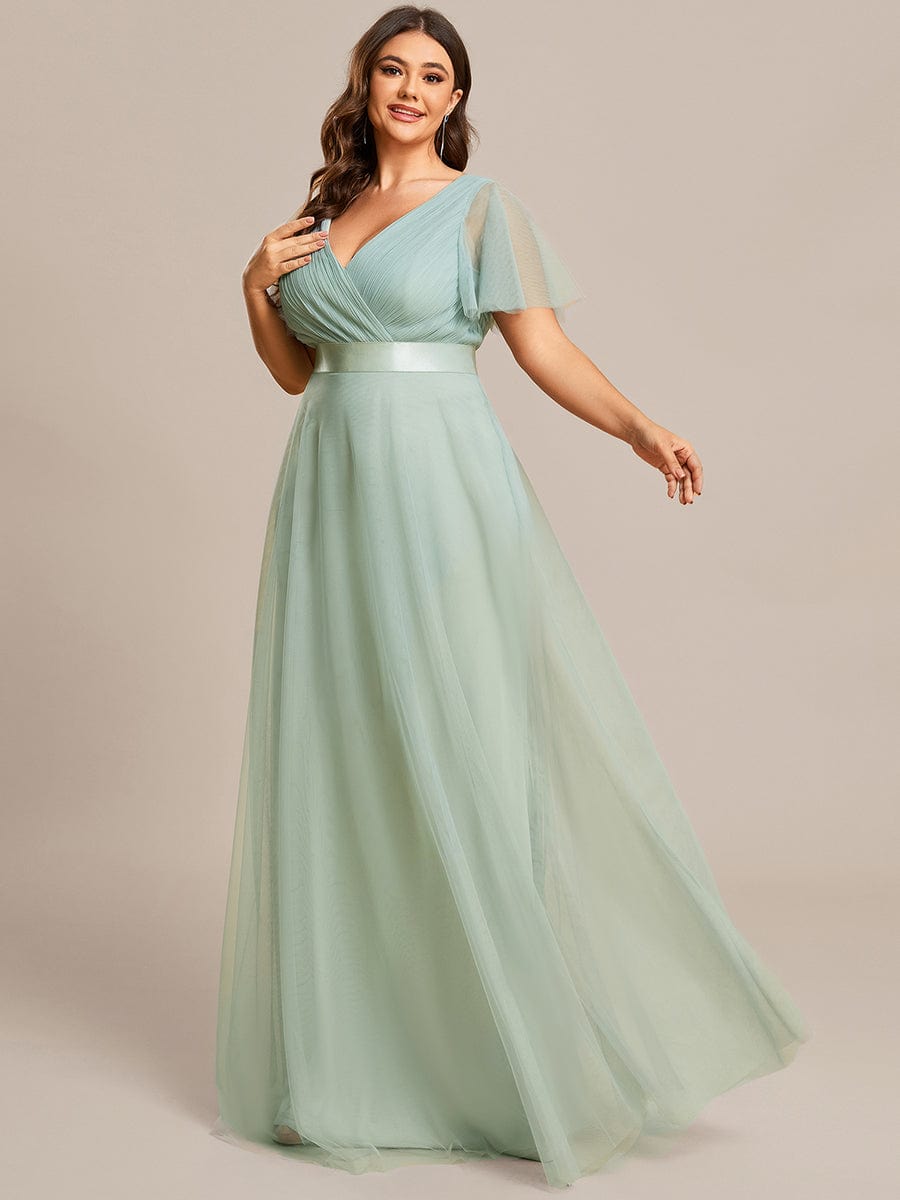 Double V-Neck Tulle Floor-Length Bridesmaid Dress #color_Mint Green