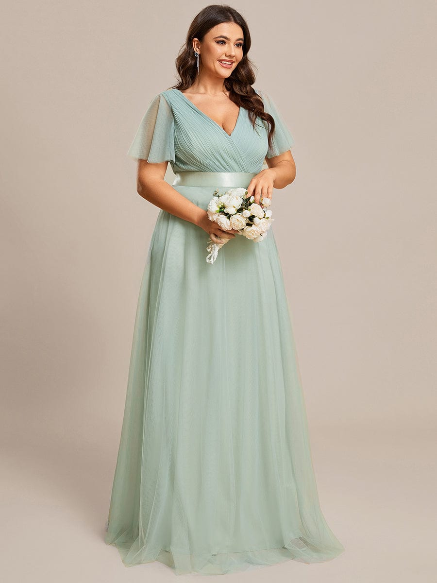 Double V-Neck Tulle Floor-Length Bridesmaid Dress #color_Mint Green