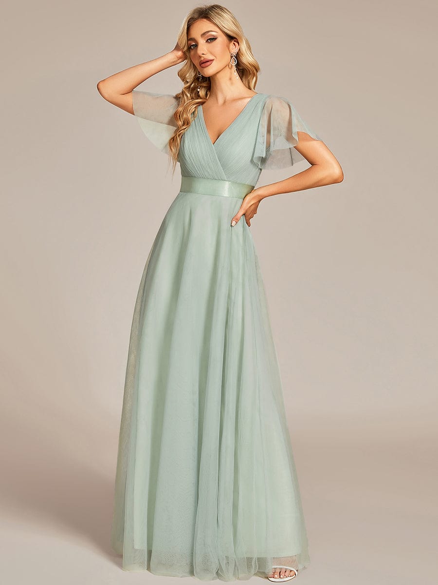 Double V-Neck Tulle Floor-Length Bridesmaid Dress #color_Mint Green