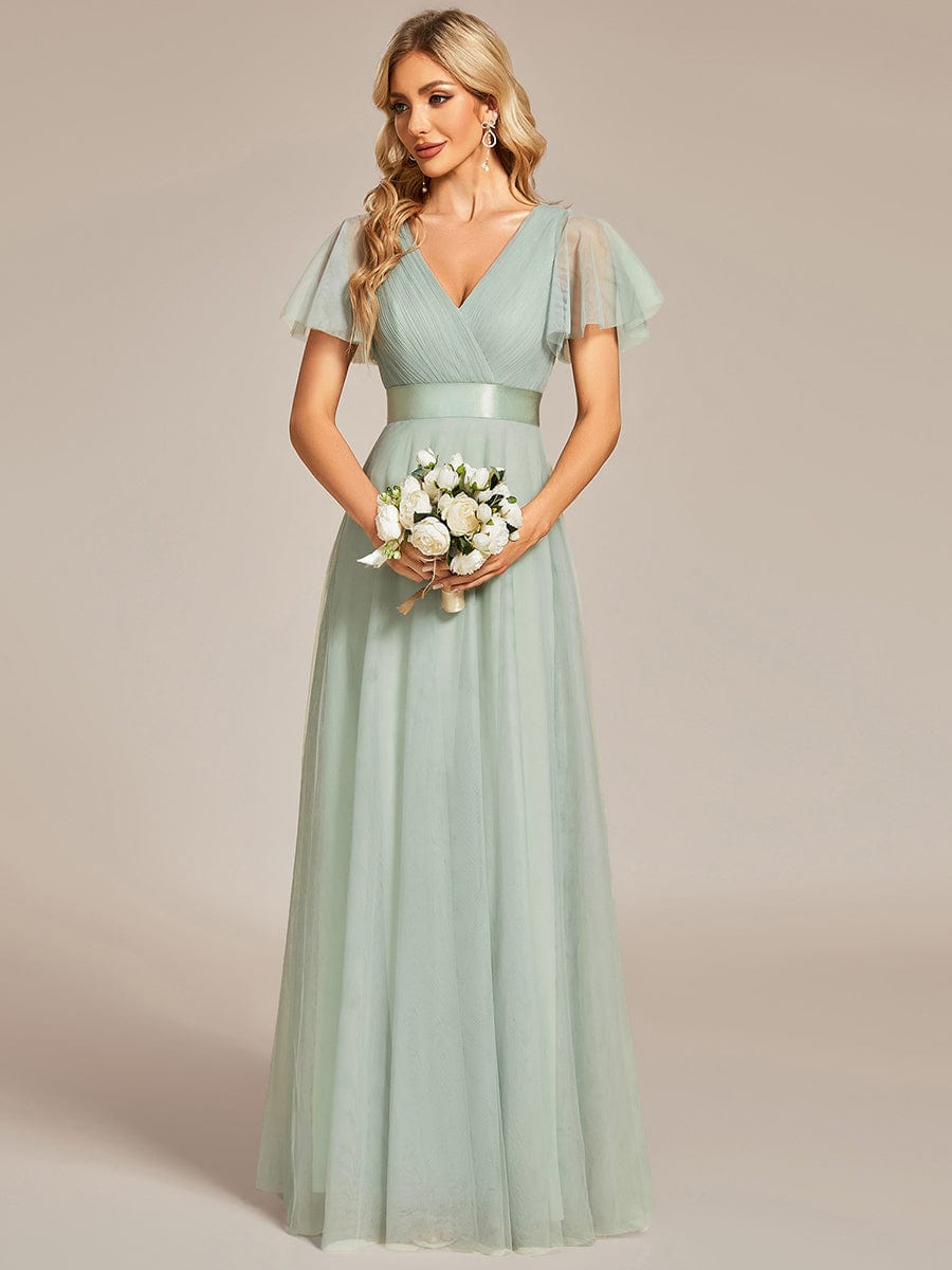 Double V-Neck Tulle Floor-Length Bridesmaid Dress #color_Mint Green