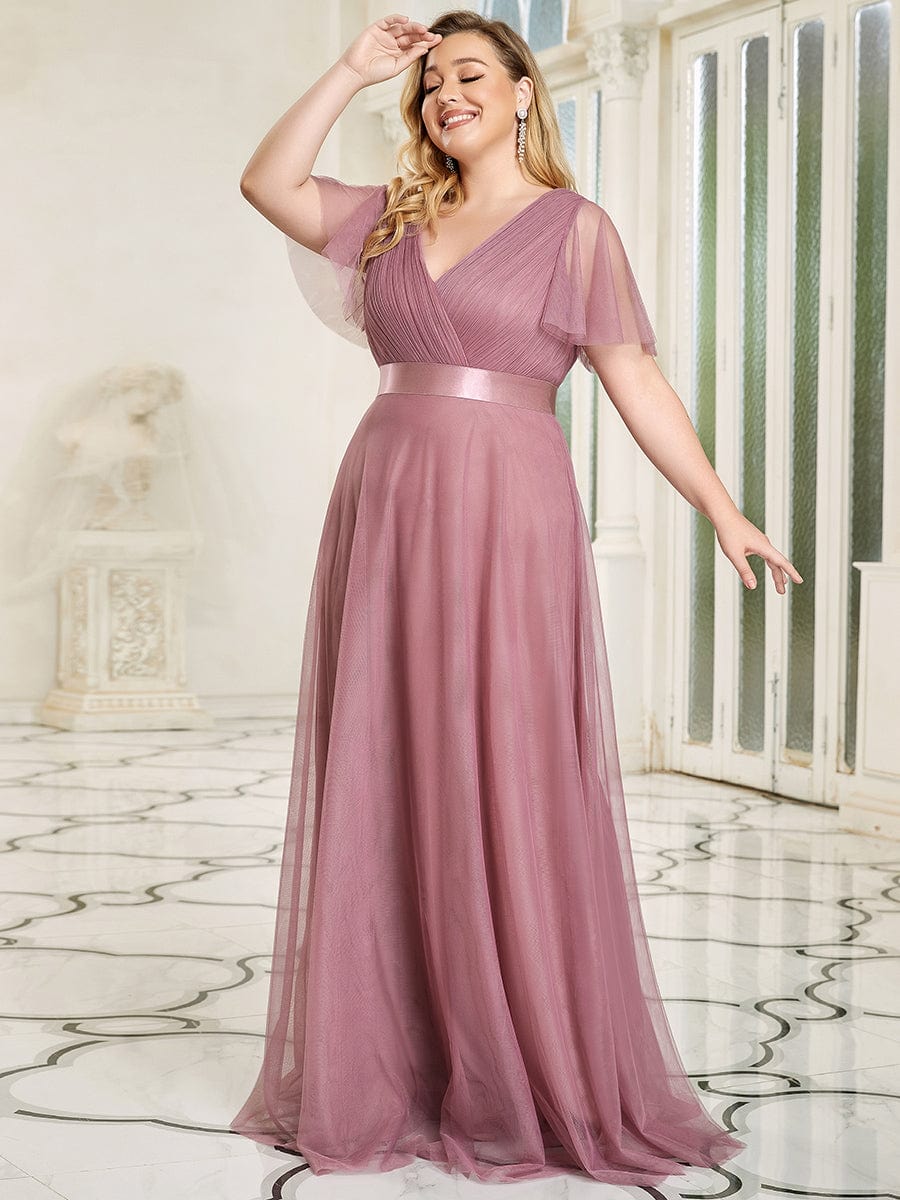 Double V-Neck Tulle Floor-Length Bridesmaid Dress #color_Purple Orchid