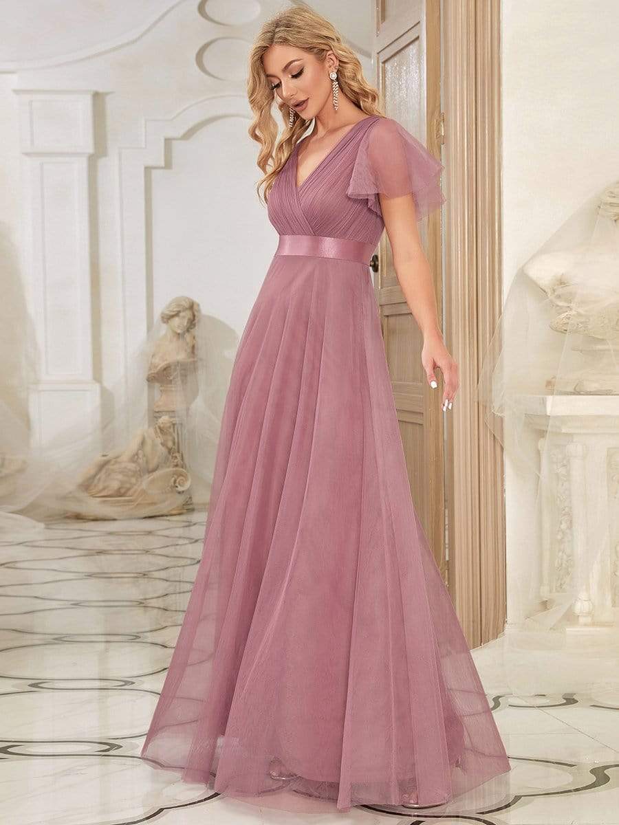 Double V-Neck Tulle Floor-Length Bridesmaid Dress #color_Purple Orchid