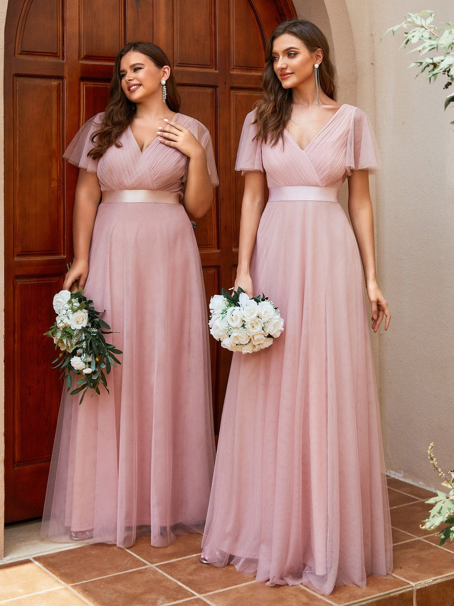 Double V-Neck Tulle Floor-Length Bridesmaid Dress #color_Pink