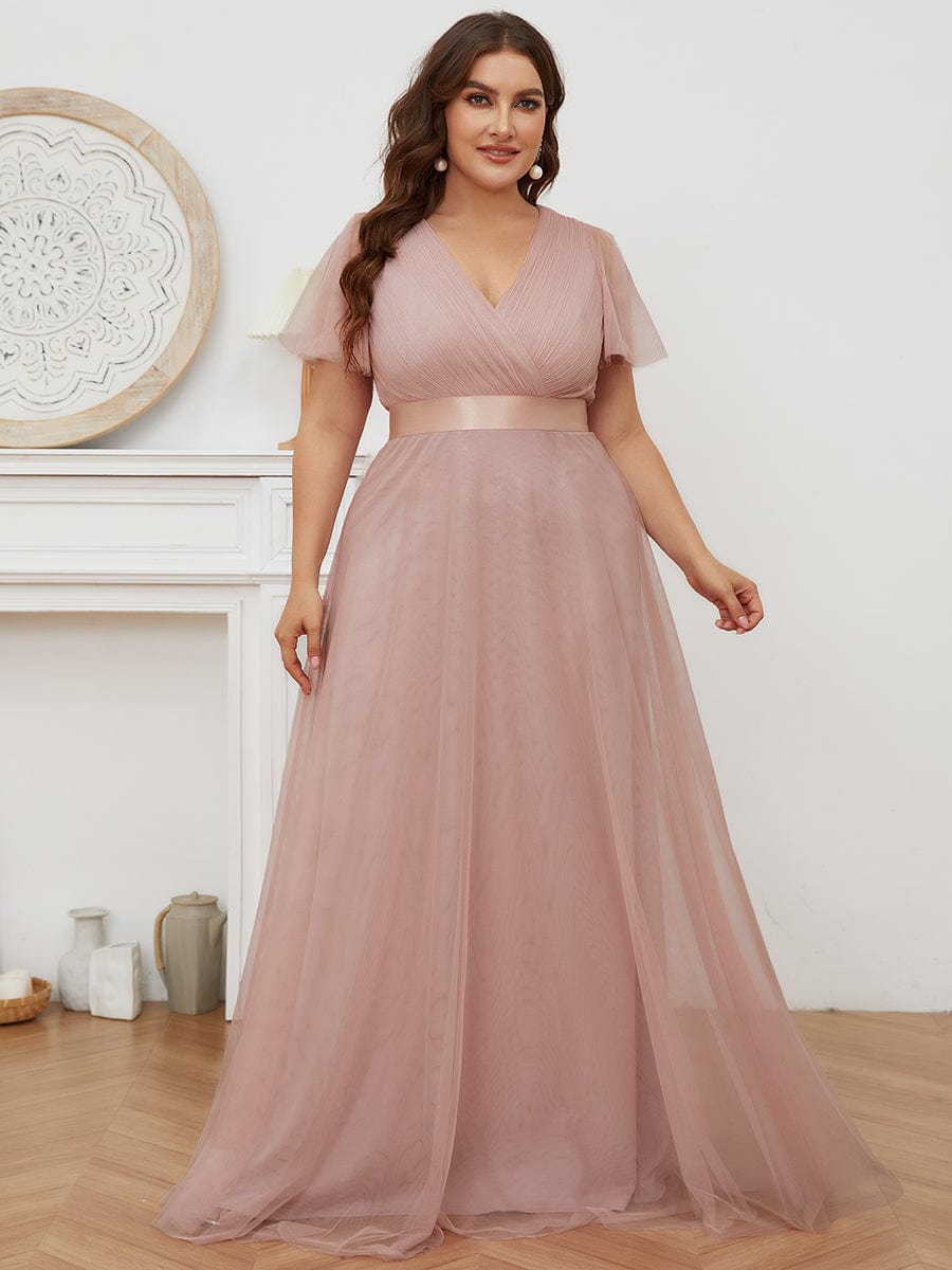 Double V-Neck Tulle Floor-Length Bridesmaid Dress #color_Pink