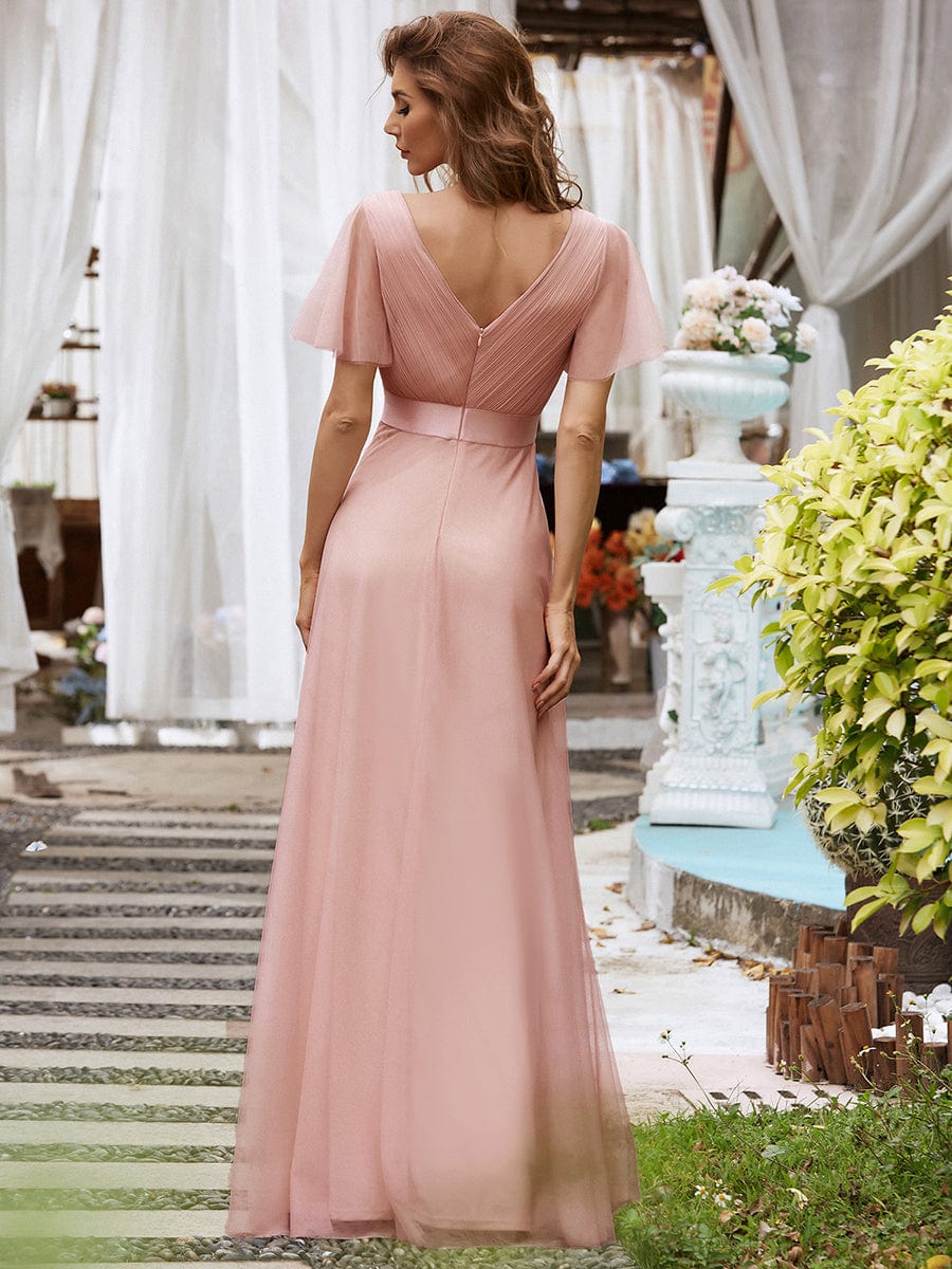 Double V-Neck Tulle Floor-Length Bridesmaid Dress #color_Pink