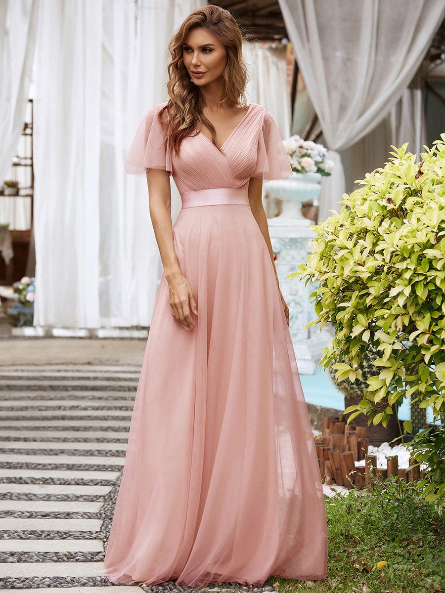 Double V-Neck Tulle Floor-Length Bridesmaid Dress #color_Pink