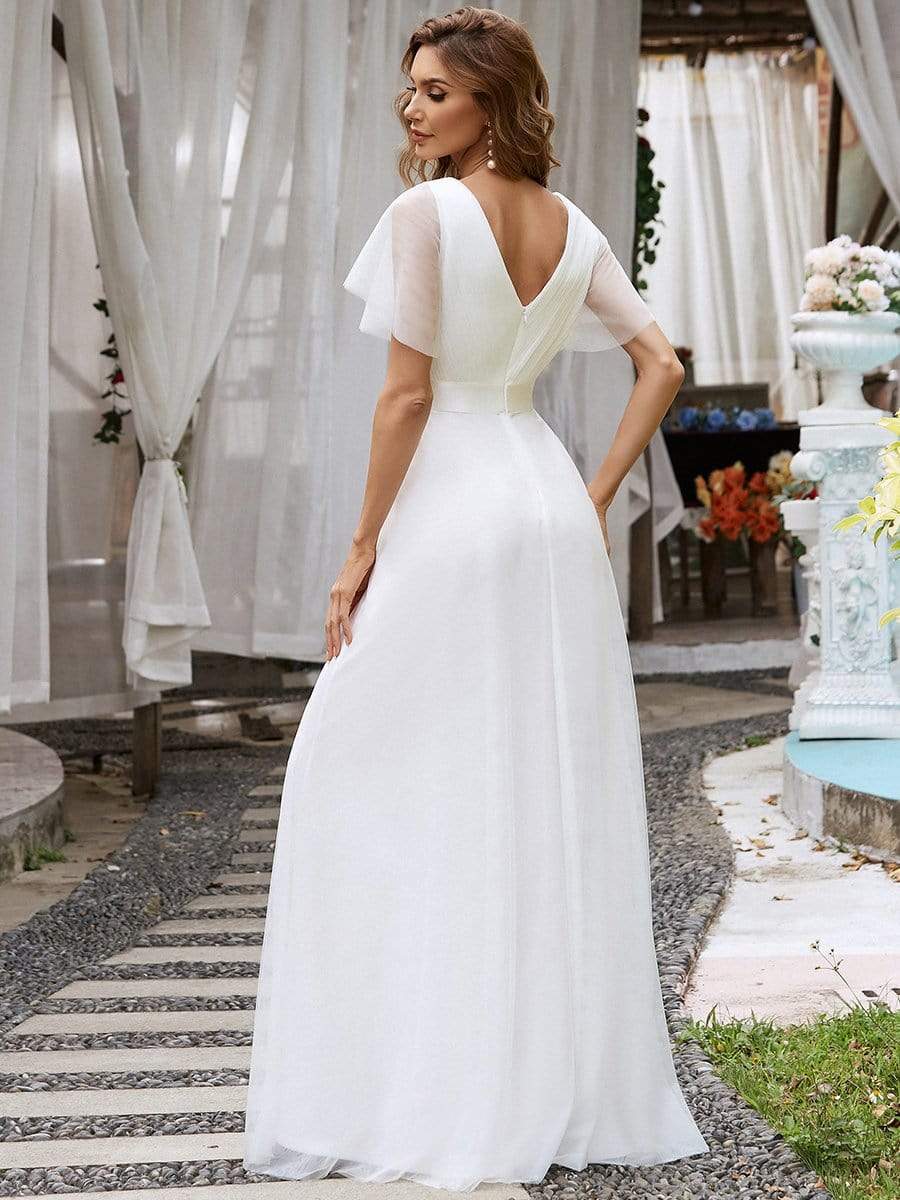 Double V-Neck Tulle Floor-Length Bridesmaid Dress #color_White