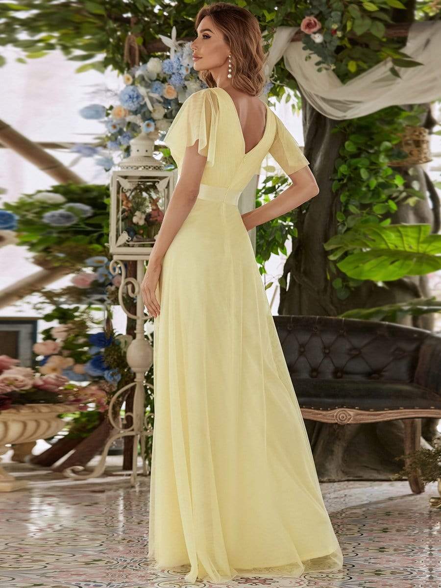 Double V-Neck Tulle Floor-Length Bridesmaid Dress #color_Yellow