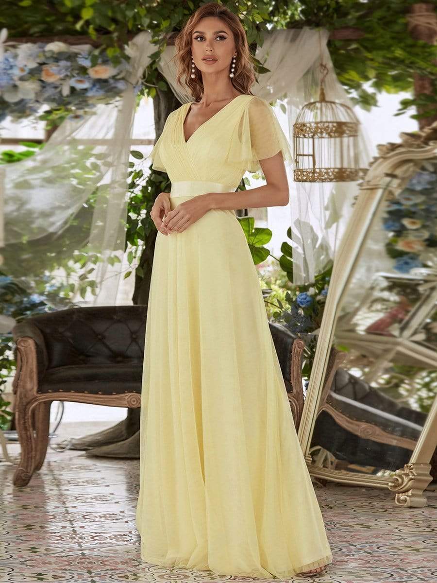 Double V-Neck Tulle Floor-Length Bridesmaid Dress #color_Yellow