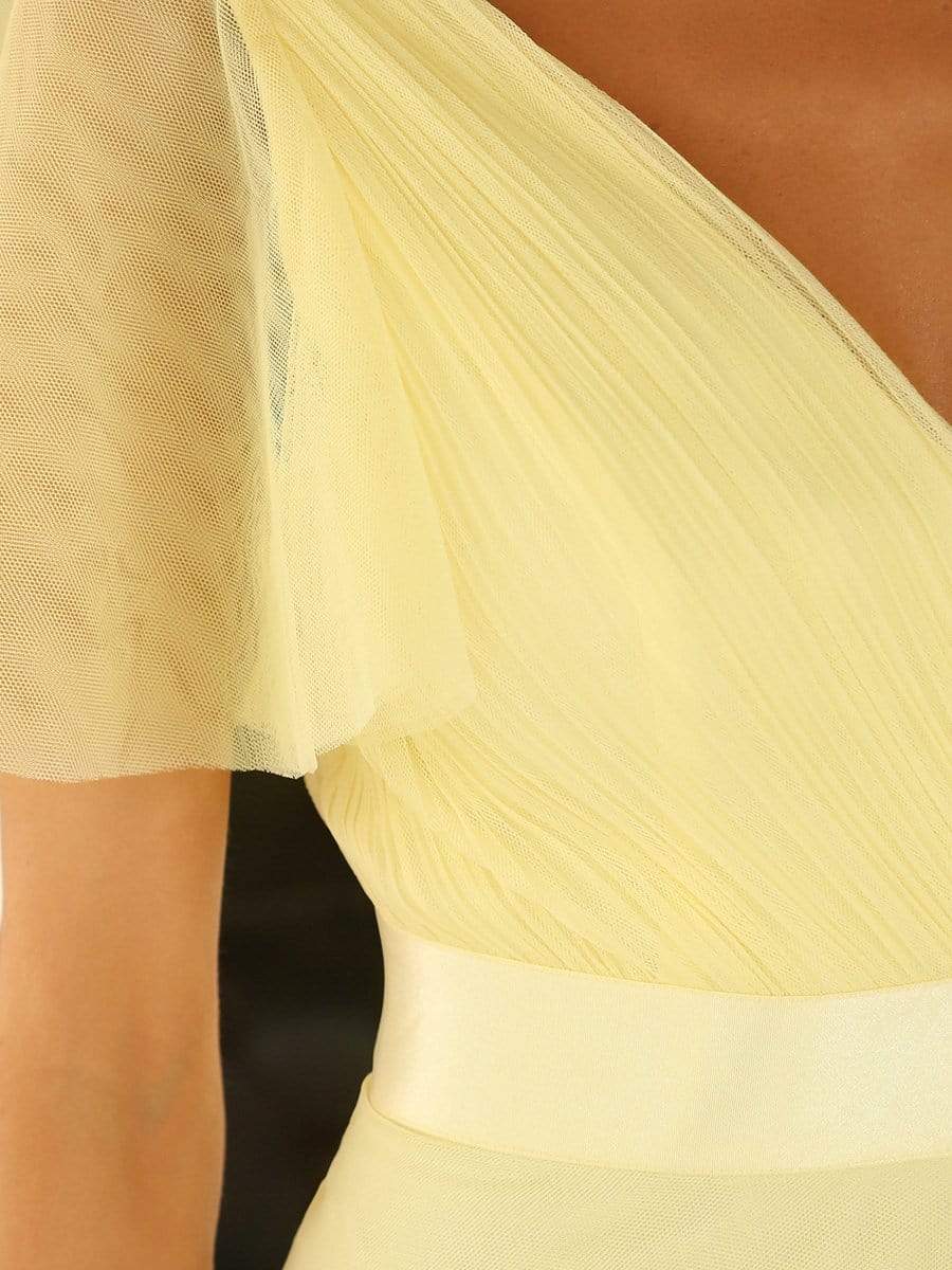 Double V-Neck Tulle Floor-Length Bridesmaid Dress #color_Yellow