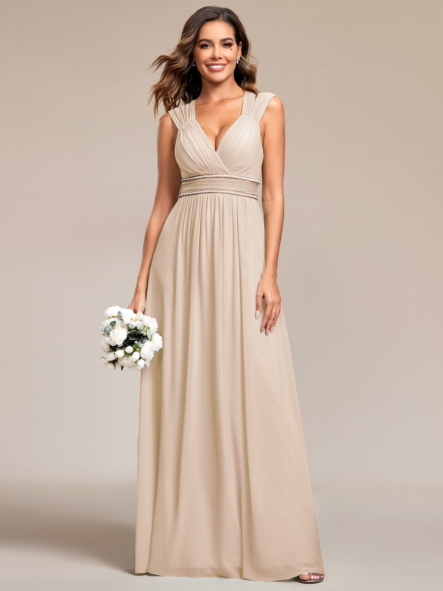 Custom Size Ruched V-neck Floor Length Elegant Bridesmaid Dress #color_Blush