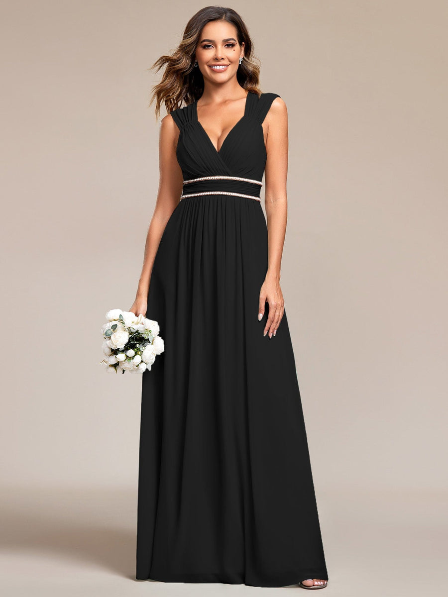 Custom Size Ruched V-neck Floor Length Elegant Bridesmaid Dress #color_Black