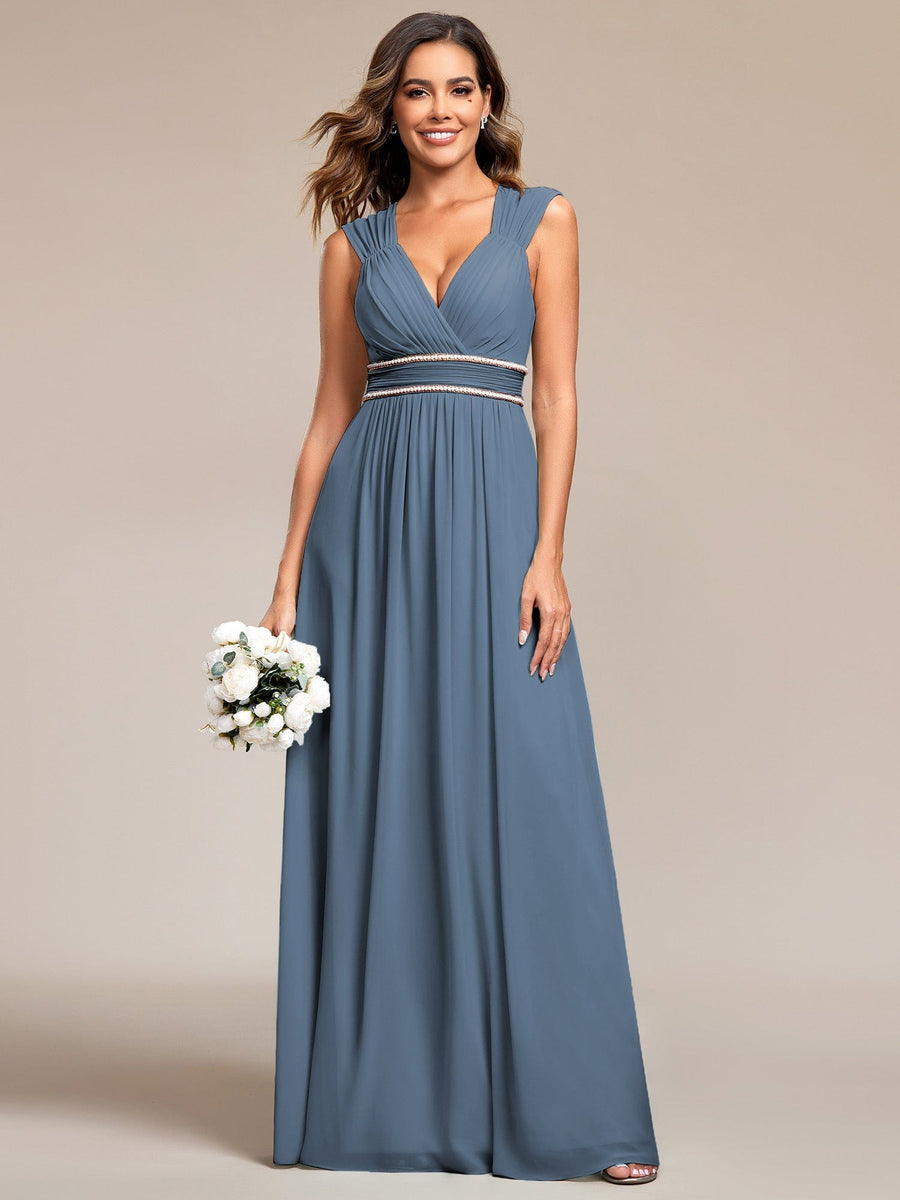 Custom Size Ruched V-neck Floor Length Elegant Bridesmaid Dress #color_Dusty Blue