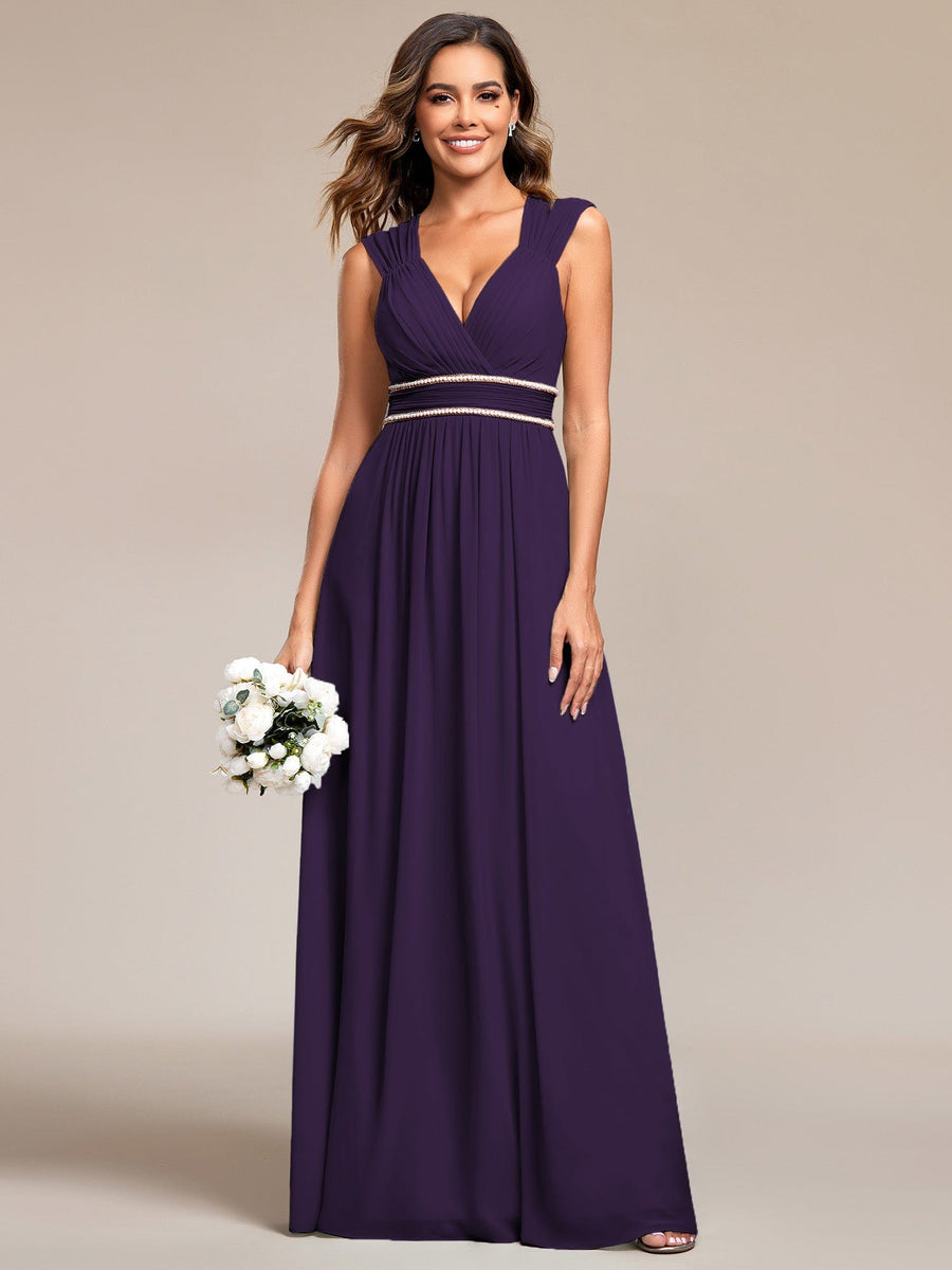 Custom Size Ruched V-neck Floor Length Elegant Bridesmaid Dress #color_Dark Purple