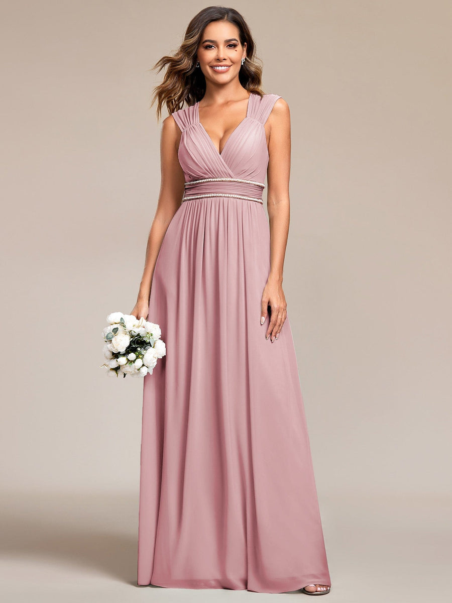 Custom Size Ruched V-neck Floor Length Elegant Bridesmaid Dress #color_Dusty Rose